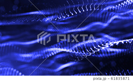 3d rendering of glow particles that fly in air as science fiction of microcosm or macro world or sci-fi. Abstract composition with depth of field and glow in dark with bokeh effects. Blue 61835871