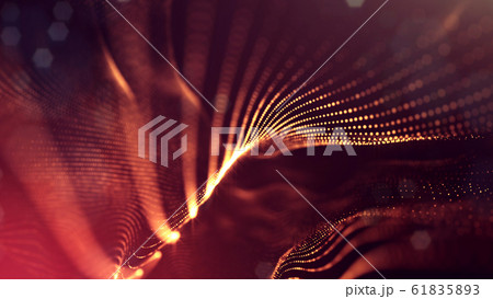 Microworld or sci-fi theme. 3d rendering background of glowing particles that form curved lines and 3d surfaces, grid with depth of field, bokeh. Golden red version 12 61835893