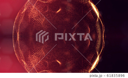 Microworld or sci-fi theme. 3d rendering background of glowing particles that form curved lines and 3d surfaces, grid with depth of field, bokeh. Golden red version 11 61835896