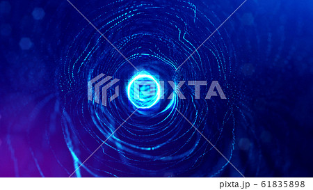 Microworld or sci-fi theme. 3d rendering background of glowing particles that form curved lines and 3d surfaces, grid with depth of field, bokeh. Blue version 10 61835898
