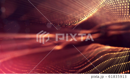 Microworld or sci-fi theme. 3d rendering background of glowing particles that form curved lines and 3d surfaces, grid with depth of field, bokeh. Golden red version 6 61835913