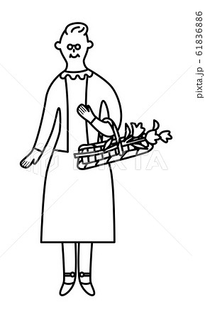 花を摘むシニア女性 線画のイラスト素材 6166