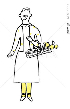 花を摘むシニア女性 手描き風線画のイラスト素材 6167