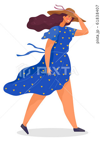Young Woman Walk in Windy Weather and Hold Hat 61838407