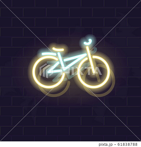 Neon mountain bicycle icon. Vector isolated neon illustration for any dark background. Fluorescent line art icon for logo, poster, social network post. 61838788