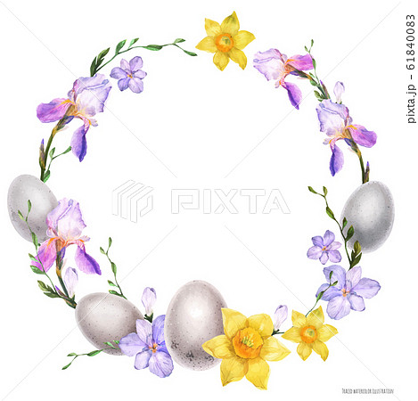 Decorative Watercolor Wreath With Flowers And Eggsのイラスト素材
