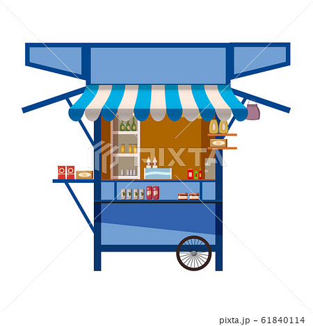 Market store on wheels, stand stall and various kiosk, with red and white striped awning coffee, groceries products, fast food, vegetable, fresh fruit, handy craft, cake bakery . Vector illustration 61840114