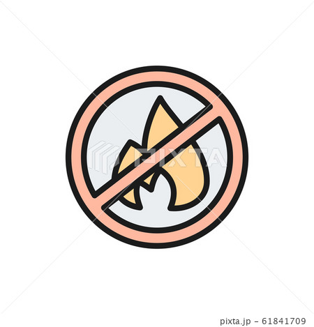 Forbidden sign with fire, firefighting, no bonfire flat color line icon. Forbidden sign with fire, firefighting, no bonfire flat color line icon. 61841709