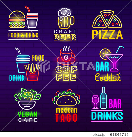 Food neon icon. Beer drinks light advertising emblem pizza craft products vector set Food neon icon. Beer drinks light advertising emblem pizza craft products vector set 61842712