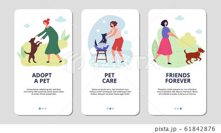 Pets care. Woman adopt puppy and go to walk with dog. Animal rescue vector mobile app landing page templates 61842876