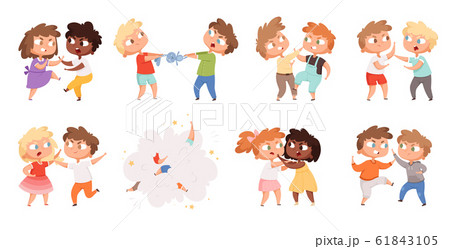 Boys fighting. School bully angry kids punishing in playground vector cartoon characters set 61843105