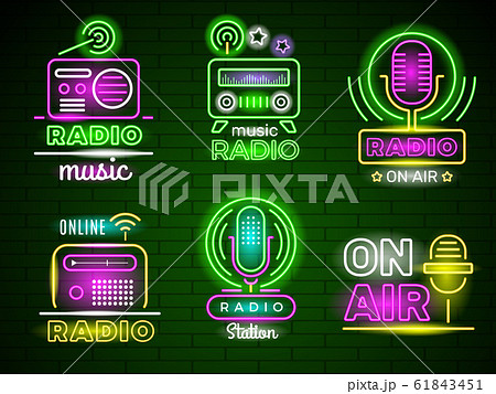 Radio glowing logo. Neon style colored business music broadcast emblem live show vector ads 61843451