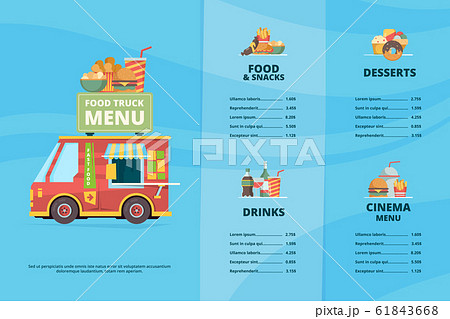 Food truck menu. Urban fast food restaurant street festival pizza barbecue trucks cooking van vector template Food truck menu. Urban fast food restaurant street festival pizza barbecue trucks cooking van vector template 61843668