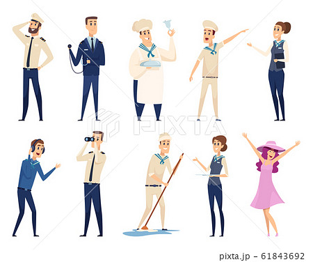 Sea cruise. Sailing captain shipping officer navigating crew ocean travel team vector characters Sea cruise. Sailing captain shipping officer navigating crew ocean travel team vector characters 61843692