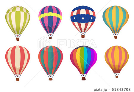 Hot air balloon. Colored aircraft transport with basket sky airing flight vector collection Hot air balloon. Colored aircraft transport with basket sky airing flight vector collection 61843708