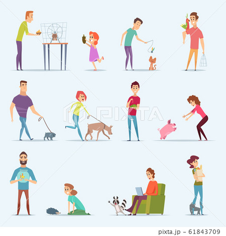 Animal owners. Dog kitten aquarium fishes people with lovely domestic animals vector cartoon characters Animal owners. Dog kitten aquarium fishes people with lovely domestic animals vector cartoon characters 61843709