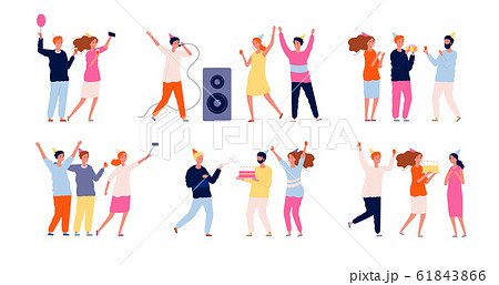 Party people. Friends at birthday celebrating dancing playing and eating have a fun vector characters Party people. Friends at birthday celebrating dancing playing and eating have a fun vector characters 61843866