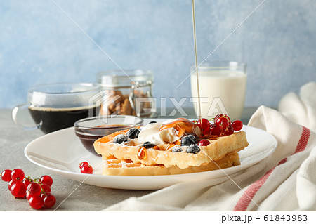Composition of breakfast with belgian waffles, Composition of breakfast with belgian waffles, 61843983