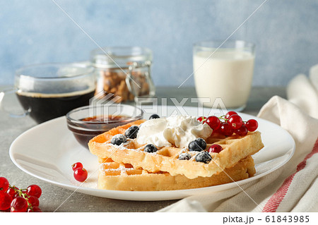 Composition of breakfast with belgian waffles, Composition of breakfast with belgian waffles, 61843985