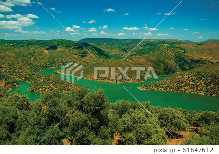 Tagus River running through a valley with hills at the Monfrague National Park Tagus River running through a valley with hills at the Monfrague National Park 61847612
