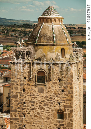 Nest of storks on top of tower at Trujillo 61847917