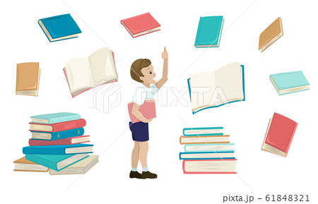 An idea for the book. Books around the boy, learning and literature. Vector illustration An idea for the book. Books around the boy, learning and literature. Vector illustration 61848321