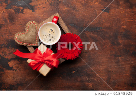 Valentines day card with gift and coffee cup Valentines day card with gift and coffee cup 61848929