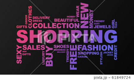 Shopping Wordcloud On Black Background With Violet Words, Panorama 61849724