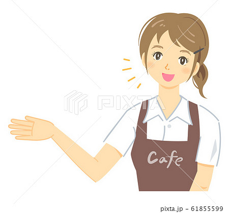 紹介 案内をするポーズ のカフェ店員の女性 茶色のエプロン のイラスト素材
