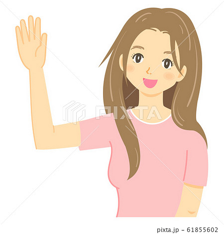 手をあげるポーズ をするロングヘアの女性のイラスト素材