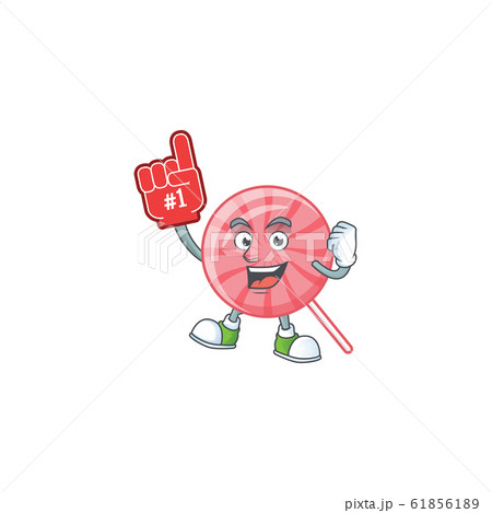 Pink round lollipop mascot cartoon style holding a Foam finger Pink round lollipop mascot cartoon style holding a Foam finger 61856189