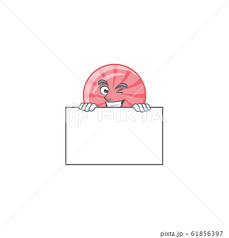 Grinning face pink round lollipop cartoon character style hides behind a board Grinning face pink round lollipop cartoon character style hides behind a board 61856397