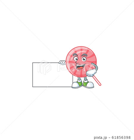 Cheerful pink round lollipop cartoon character having a board Cheerful pink round lollipop cartoon character having a board 61856398