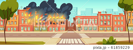 Fire in city house, burning building cartoon 61859229