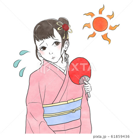 暑くて汗をかいてしまう着物を着た女性(右向き) 61859436