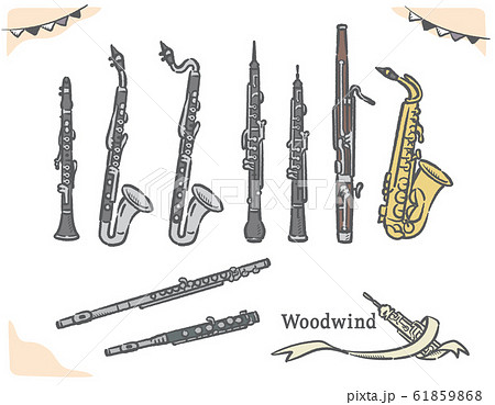木管楽器の素材セット。手描き風 61859868