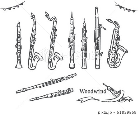 木管楽器の素材セット 手描き風のイラスト素材