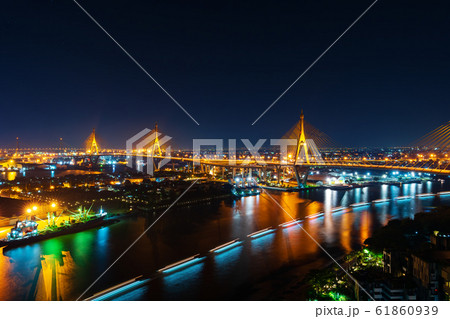 Bhumibol suspension bridge over Chao Phraya River Bhumibol suspension bridge over Chao Phraya River 61860939