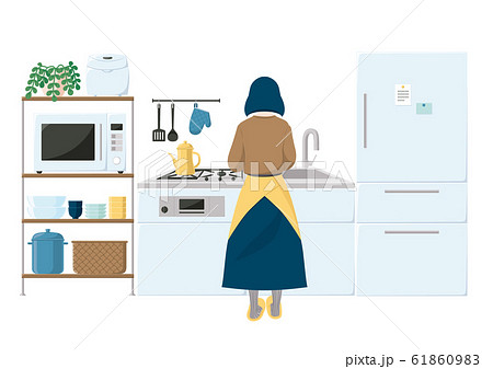 キッチンで作業する女性のイラスト素材