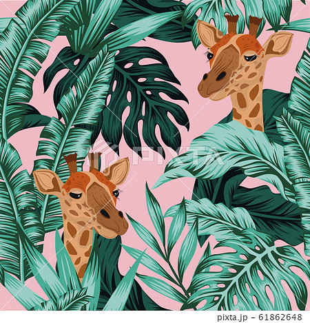 Tropical leaves giraffe seamless pattern pink 61862648