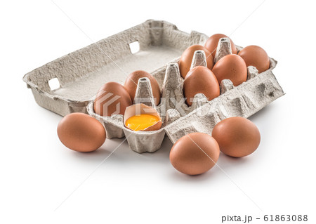 Fresh chicken eggs in pater tray with broken egg 61863088
