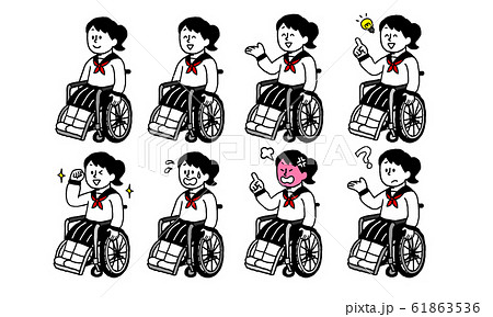 車椅子に乗るセーラー服女子セット シンプル のイラスト素材