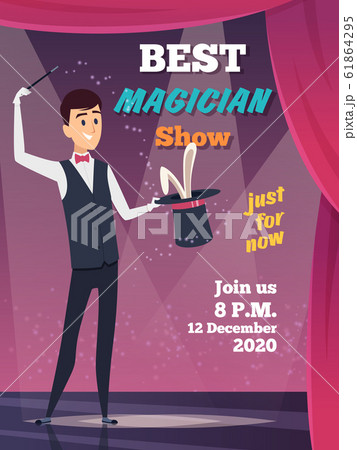 Magic show poster. Magician character show tricks wizard with mystery cap vector placard invitation Magic show poster. Magician character show tricks wizard with mystery cap vector placard invitation 61864295