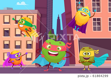 Superheroes in city. Urban landscape with fruits characters in action poses healthy food heroes vector background 61864299
