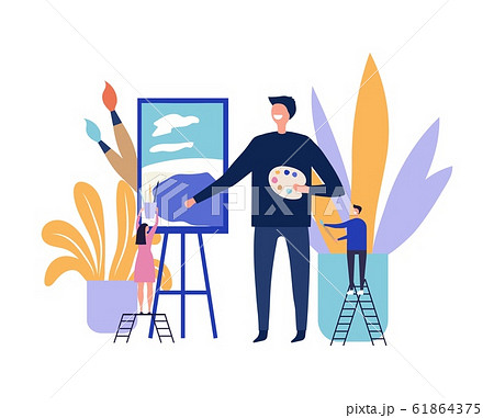 Art therapy concept. Artist paints picture. Flat vector male artist character and tiny people with art equipment illustration Art therapy concept. Artist paints picture. Flat vector male artist character and tiny people with art equipment illustration 61864375