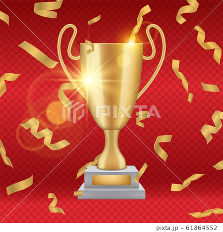 Realistic gold trophy. Falling golden confetti, vector award winner cup illustration Realistic gold trophy. Falling golden confetti, vector award winner cup illustration 61864552