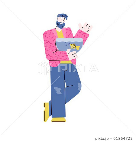 Cartoon man holding fish in tank - happy pet owner standing and smiling Cartoon man holding fish in tank - happy pet owner standing and smiling 61864725