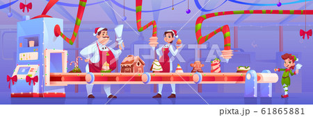 Christmas factory with candy and santa helpers 61865881