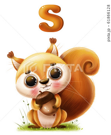 Cute cartoon squirrel with a nut and a letter on a white background 61866128