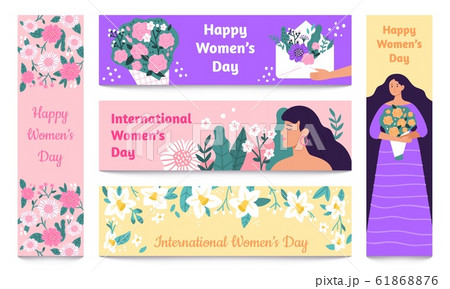 March 8 banners. International Womens Day, Happy woman with flowers banner vector set March 8 banners. International Womens Day, Happy woman with flowers banner vector set 61868876